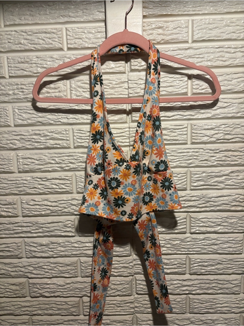 Floral Tie-Back Halter Top in White, Orange & Blue